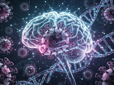 A glowing, abstract neural network merges with stylized coronavirus particles and DNA strands, symbolizing AI-designed vaccine technology. - Foto: über boerse-global.de