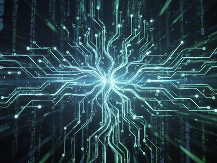 An abstract, futuristic image showing a glowing neural network or circuit board design in blue and green, representing AI and coding. - Foto: über boerse-global.de