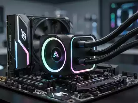 Ein schlanker AIO-Flüssigkeitskühler auf einer modernen Computer-Hauptplatine mit subtilen RGB-Lichtelementen. - Foto: über boerse-global.de