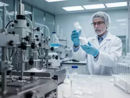 Eine moderne Laborumgebung mit Chromatographiegeräten und einem Wissenschaftler, der ein Fläschchen mit weißem Pulver untersucht. - Foto: über boerse-global.de