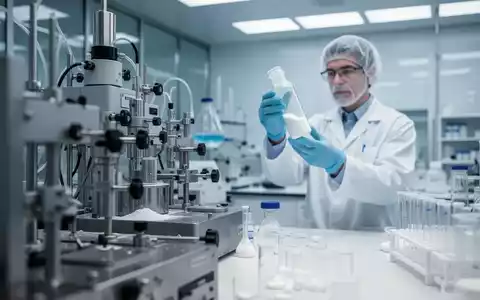 Eine moderne Laborumgebung mit Chromatographiegeräten und einem Wissenschaftler, der ein Fläschchen mit weißem Pulver untersucht. - Foto: über boerse-global.de