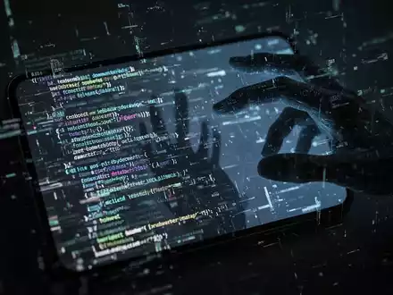 Ein Smartphone-Bildschirm zeigt fragmentierten, glitchigen Code und Daten mit einer digitalen Hand, die danach greift. Fokus auf Cybersicherheit. - Foto: über boerse-global.de