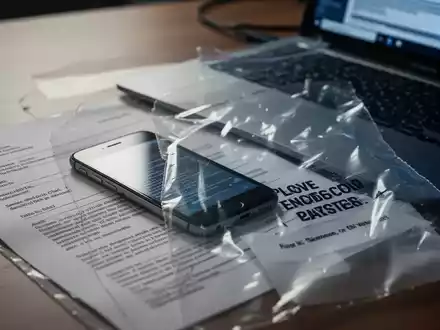Ein Smartphone und ein Laptop auf einem Tisch, teilweise verdeckt durch ein rechtliches Dokument oder einen Polizeibeweisbeutel. - Foto: über boerse-global.de