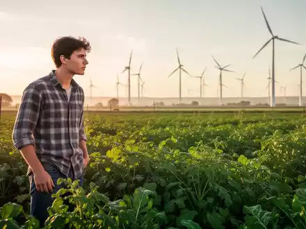 Ein junger Landwirt steht nachdenklich in einem grünen Biofeld mit Windturbinen im Hintergrund, symbolisiert nachhaltige Landwirtschaft. - Foto: über boerse-global.de