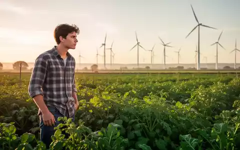 Ein junger Landwirt steht nachdenklich in einem grünen Biofeld mit Windturbinen im Hintergrund, symbolisiert nachhaltige Landwirtschaft. - Foto: über boerse-global.de