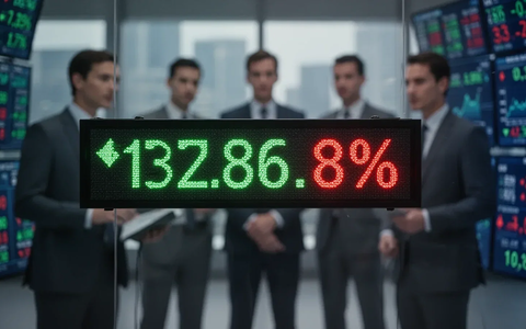 Nahaufnahme eines Börsentickers mit steigenden Zahlen und verschwommenen Geschäftsleuten im Hintergrund. - Foto: über boerse-global.de