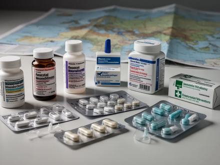 Eine Auswahl von Reiseapothekenartikeln, darunter Medikamente und Verbandsmaterial, auf einer hellen Oberfläche mit unscharfem Kartenhintergrund. - Foto: über boerse-global.de
