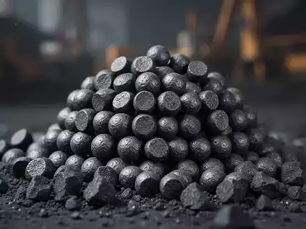 Ein Nahaufnahme-Bild von Eisenerzpellets auf einer dunklen Oberfläche, mit einem unscharfen industriellen Hintergrund. - Foto: über boerse-global.de