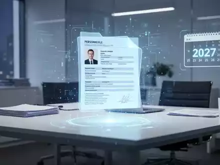 Ein futuristischer Schreibtisch mit einer holografischen Projektion einer digitalen Personalakte und einem subtilen Kalenderhinweis auf 2027. - Foto: über boerse-global.de