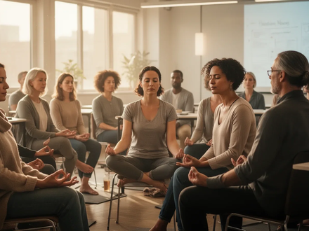 Eine Gruppe Erwachsener nimmt an einem Achtsamkeits- oder Stressbewältigungsworkshop teil, konzentriert und ruhig in einem hellen Raum. - Foto: über boerse-global.de