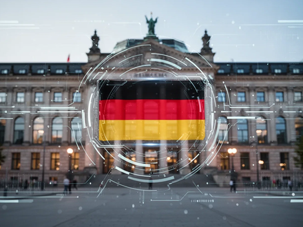 A stylized digital interface with elements of the German flag, overlaid on a blurred image of a modern German city hall, symbolizing digital governance. - Foto: über boerse-global.de