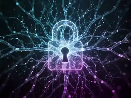 A digital padlock icon over an abstract, glowing neural network, representing data protection and AI security. - Foto: über boerse-global.de
