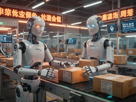 A humanoid robot sorts packages on a conveyor belt in a brightly lit, modern Chinese mail facility. - Foto: über boerse-global.de