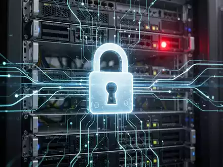 A digital padlock icon superimposed on a server rack with glowing data lines, symbolizing network security and vulnerability. - Foto: über boerse-global.de