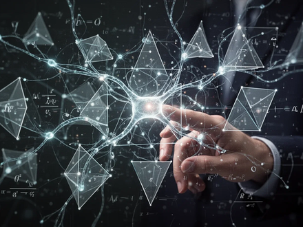 Abstract visualization of complex mathematical concepts and AI, with glowing neural network connections overlaying geometric shapes. - Foto: über boerse-global.de