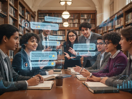 Doctoral students in a modern library, some interacting with holographic AI chatbot interfaces, others discussing research. Represents AI in academia. - Foto: über boerse-global.de