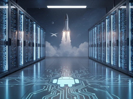 Ein futuristischer Serverraum mit blauen Lichtern und einem stilisierten Android-Logo auf einer Platine. Im Hintergrund eine Rakete. - Foto: über boerse-global.de
