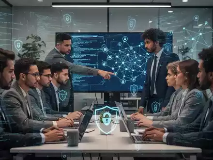 Mitarbeiter in einem modernen Büro nehmen an einer Datenschutzschulung teil, mit digitalen Überlagerungen von Code und Sicherheits-Icons. - Foto: über boerse-global.de