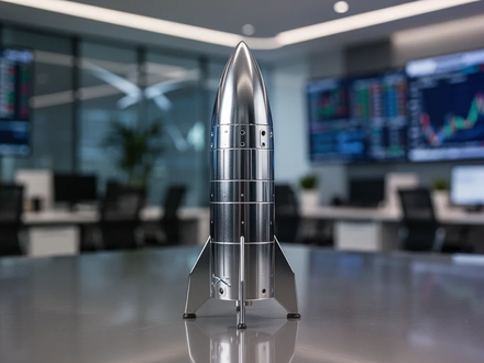 Nahaufnahme eines SpaceX Starship Raketenmodells in einem modernen Finanzbüro, das Innovation und Investitionen symbolisiert. - Foto: über boerse-global.de