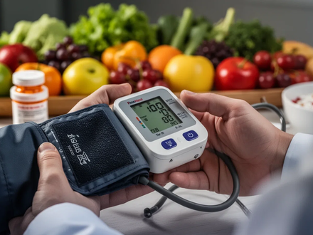 Nahaufnahme von Händen, die eine Blutdruckmanschette halten, im Hintergrund unscharf Medikamente und gesunde Lebensmittel. - Foto: über boerse-global.de
