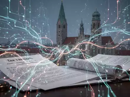 Abstrakte Darstellung von Steuerrecht und KI-Compliance in München. Digitale Linien treffen auf Dokumente und die Frauenkirche. - Foto: über boerse-global.de