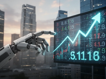 A robot hand reaching towards a digital stock ticker showing an IPO on a screen, with a blurred cityscape in the background. - Foto: über boerse-global.de