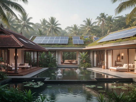 Ein modernes Wellnessresort in Kerala, Indien, das traditionelle Architektur mit klinischem Design verbindet, umgeben von tropischer Vegetation. - Foto: über boerse-global.de