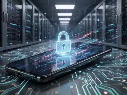 A smartphone with a digital lock icon and data streams, against a backdrop of server racks and circuit boards, symbolizing data security. - Foto: über boerse-global.de