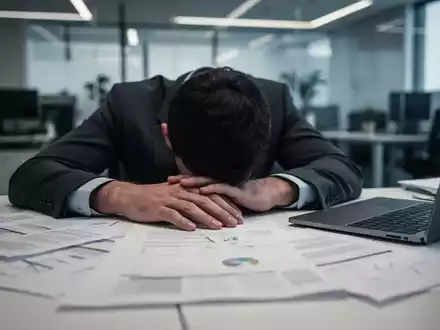 Eine erschöpfte Person sitzt am Schreibtisch mit dem Kopf in den Händen, umgeben von unscharfen Dokumenten und einem Laptop. - Foto: über boerse-global.de