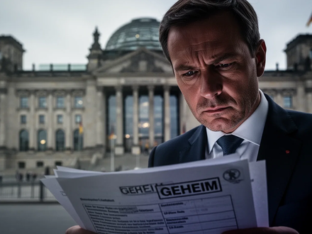 Ein nachdenklicher Parlamentarier im Anzug, sein Gesicht teilweise im Schatten, betrachtet geheime Dokumente vor dem unscharfen Bundestag. - Foto: über boerse-global.de