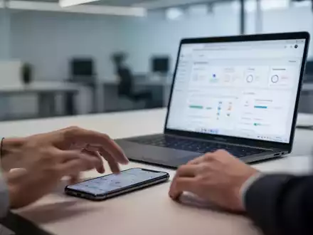 Hände verschwommen, greifen nach einem Smartphone, während der Blick auf einen Laptop-Bildschirm mit einer Produktivitäts-App gerichtet ist. - Foto: über boerse-global.de