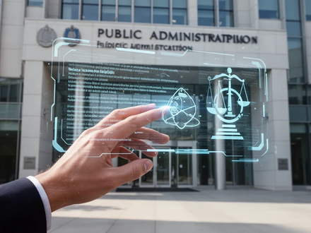 Eine digitale Hand interagiert mit einer holografischen Schnittstelle, die vereinfachten Text und symbolische Bilder anzeigt, vor einem modernen Verwaltungsgebäude. - Foto: über boerse-global.de