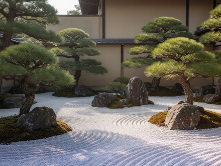 Ein ruhiger japanischer Zen-Garten mit kunstvoll geharktem Kies und akkurat beschnittenen Kiefern, die japanische Ästhetik widerspiegeln. - Foto: über boerse-global.de