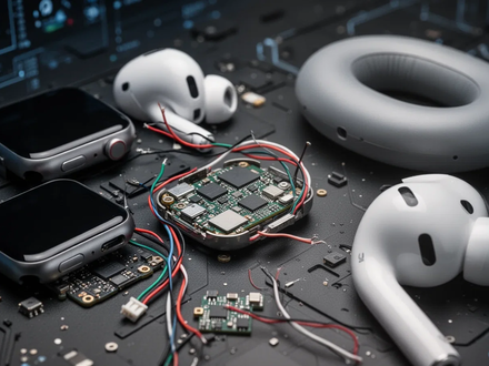 Disassembled counterfeit Apple Watch, AirPods Pro, and AirPods Max components revealing poor internal construction and materials. - Foto: über boerse-global.de