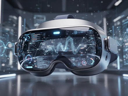 Ein Apple Vision Pro Headset zeigt Echtzeit-Streaming-Daten, mit Reflexionen von Netzwerken auf seiner Oberfläche. - Foto: über boerse-global.de