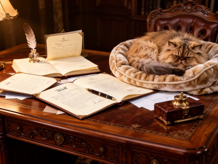 Ein opulenter Schreibtisch mit Testament, juristischen Dokumenten, Federkiel und einer luxuriösen Katze, die in einem Katzenbett schläft. - Foto: über boerse-global.de
