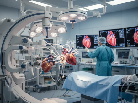 Ein Operationssaal mit medizinischer Ausrüstung für die minimalinvasive Herzklappenimplantation. Ein Chirurg ist im Hintergrund zu sehen. - Foto: über boerse-global.de