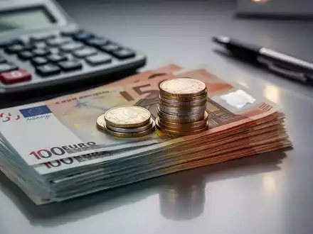 Ein detailliertes Nahaufnahme eines Stapels deutscher Euro-Banknoten und Münzen mit einem Taschenrechner und einem Stift im Hintergrund. - Foto: über boerse-global.de