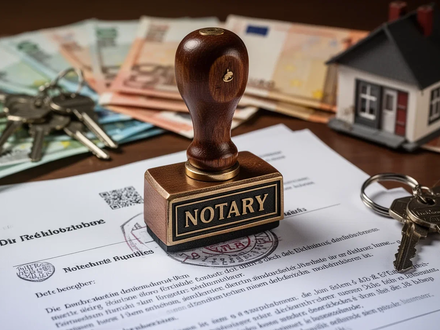 Ein Notarstempel drückt auf ein Immobiliendokument, mit verschwommenen Euroscheinen und Hausschlüsseln im Hintergrund, was Immobilienrecht und Finanzen symbolisiert. - Foto: über boerse-global.de