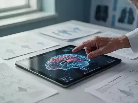 Eine ältere Hand berührt ein Tablet, das Gehirnaktivität zeigt, umgeben von medizinischen Unterlagen in einer Klinik. - Foto: über boerse-global.de