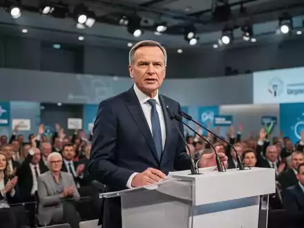 Ein charismatischer Politiker, der Friedrich Merz ähnelt, spricht auf einer Bühne vor einer Menge bei einer Wahlkampfveranstaltung. - Foto: über boerse-global.de