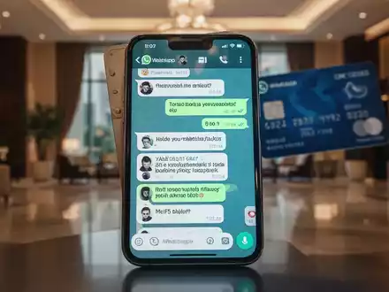Ein Smartphone-Bildschirm zeigt eine WhatsApp-Nachricht mit betrügerischem Inhalt, davor eine verschwommene Kreditkarte. - Foto: über boerse-global.de