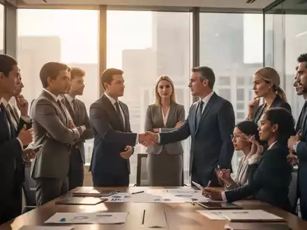 Geschäftspersonen in einem modernen Büro, einige schütteln Hände, andere diskutieren, symbolisieren Übergang und Verhandlung. - Foto: über boerse-global.de