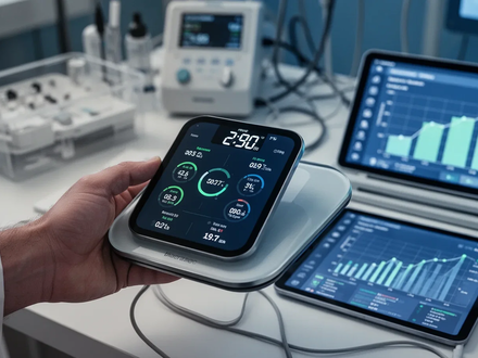 Eine Hand hält eine digitale Personenwaage, die Körperdaten anzeigt, im Hintergrund sind verschwommen medizinische Geräte und ein Tablet zu sehen. - Foto: über boerse-global.de