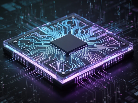 Ein hochdetaillierter, futuristischer Mikrochip mit leuchtenden blauen und violetten Schaltkreismustern, der auf einem dunklen Hintergrund platziert ist. - Foto: über boerse-global.de