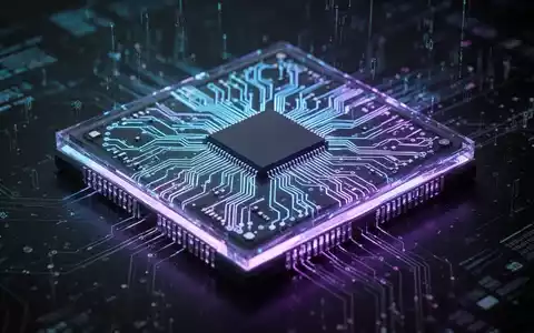Ein hochdetaillierter, futuristischer Mikrochip mit leuchtenden blauen und violetten Schaltkreismustern, der auf einem dunklen Hintergrund platziert ist. - Foto: über boerse-global.de
