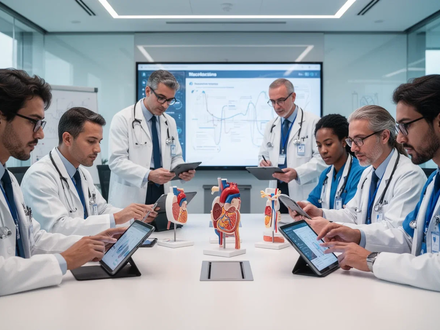 Medizinische Fachkräfte in einem modernen Seminarraum, die digitale Geräte und Modelle für ihre Fortbildung nutzen. - Foto: über boerse-global.de