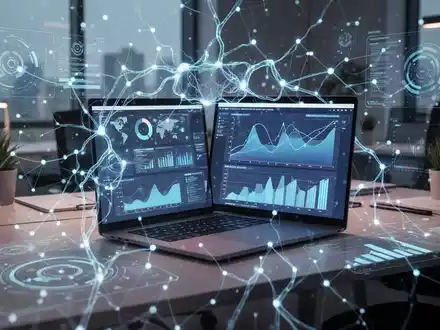 Ein futuristisches, leuchtendes neuronales Netz überlagert einen modernen Büroschreibtisch mit einem Laptop, der Inhaltsanalysen anzeigt. - Foto: über boerse-global.de