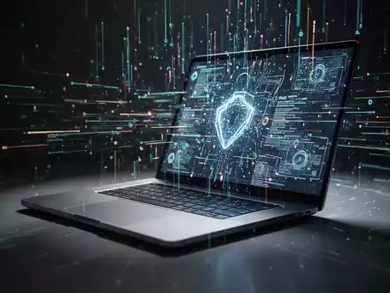 A futuristic laptop, sleek and modern, with digital light trails emanating from its screen, representing technological progress and value. - Foto: über boerse-global.de