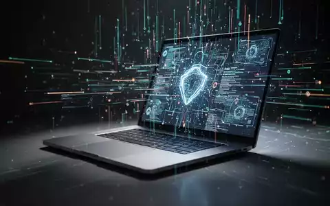 A futuristic laptop, sleek and modern, with digital light trails emanating from its screen, representing technological progress and value. - Foto: über boerse-global.de